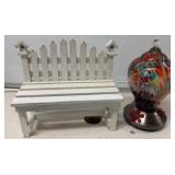 Wood Bench Decor and Multicolor humming bird feede