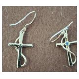 925 Silver Cross Earrings with Blue Stone Accents