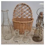 Glassware, Wicker Basket, and Metal Angel Figurine