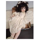 Porcelain Doll with Dark Hair and Floral Accents