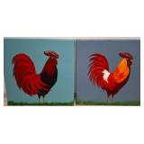 Two Painted Rooster Canvases by Dudek