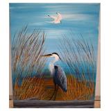 Acrylic Painting of Heron, Signed by Artist