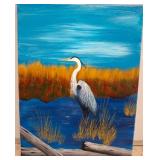 Heron Landscape Painting, Signed by Dudek