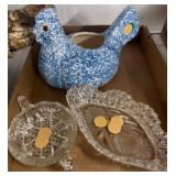 Speckled Ceramic Hen and Cut Glass Dish Set