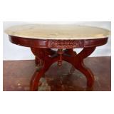 Oval Marble-Top Table with Carved Wood Base