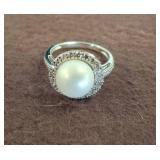 Sterling Silver Pearl Ring with Halo Design sc3