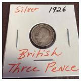 1926 Silver British Three Pence Coin