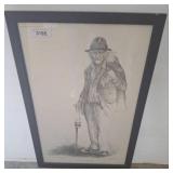 Framed Artwork of Man With Cane, Signed