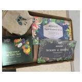 Box Lot of Essential Oil Gift Sets and Fabric Clot