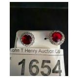 925 Silver Earrings with Red Stone and Clear Accen