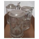 3 Etched Glass Beer Steins with Pewter Lids