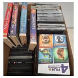 Box Lot of DVDs, VHS Tapes, and Loose CDs