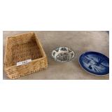 Two Decorative Plates and a Woven Basket