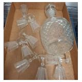 Cut Glass Decanter With 10 Etched Stemmed Glasses