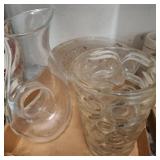 Clear Glass Pitcher, Vase, and Cake Stand