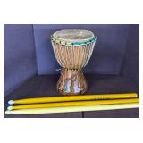 Small Hand-Carved Djembe Drum With Drumsticks