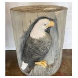 Round Log-Style Stool with Carved Eagle Design