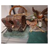 Ceramic Figurines, Birdhouse, and Teddy Basket
