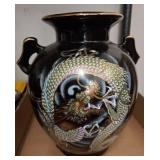 Black Ceramic Vase with Dragon Motif, Made in Japa