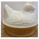 Avon Milk Glass Hen on Yellow Nest Dish