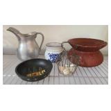 Lot: Pitcher, Bowls, Basket, and Pottery