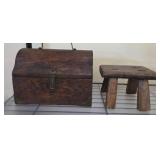 Wooden Lunchbox with Metal Accents and Small Stool