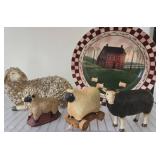 Folk Art Ceramic Sheep Figurines and Decorative Pl