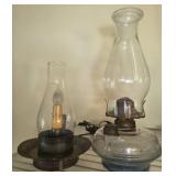Two Glass and Metal Oil Lamps, Tallest 14"