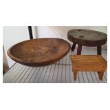 Wooden Bowl and Two Rustic Miniature Stools