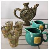 Pottery Jug, Creamer, Sugar Bowl, and Glasses Set