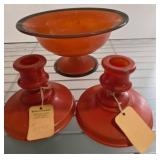 Amber Glass Compote and Two Candlesticks