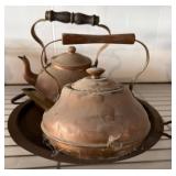 Vintage Copper Teapots and Hammered Tray Set