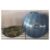 Blue Glass Vase and Decorated Ceramic Dish