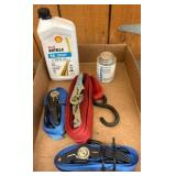 Box with Ratchet Straps, Oil, and Solvent Cement