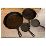 Four Cast Iron Skillets, Lodge Marked