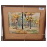 Framed Watercolor of a Palm Grove Scene
