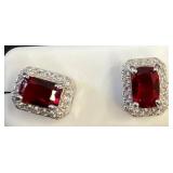 Rectangular Red Stone Earrings in 925 Silver