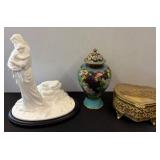Lenox Figurine, Cloisonnï¿½ Jar, and Gilt Trinket Bo