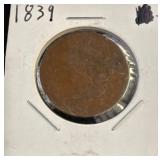1839 Large Cent Copper Coin