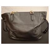 Black Coach Leather Tote Bag with Drawstring Sides
