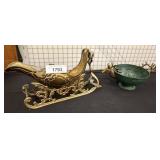 Decorative Brass Sleigh and Bowl with Deer Handles