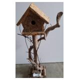 Rustic Wooden Birdhouse on Branch Stand