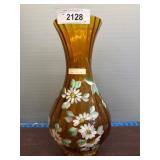 Amber Glass Vase With Hand-Painted Floral Design