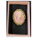 Gold-Tone Cameo Brooch with Pink Resin Design