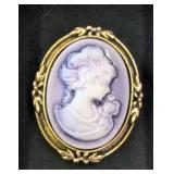 Gold-Tone Purple Cameo Brooch in Box