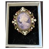 Gold-Tone Cameo Brooch with Floral Accents