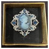 Silver-Tone Cameo Brooch with Blue Accents