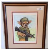 Framed Artwork of Dog in Military Attire