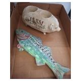 Wood Pig Planter and Painted Fish Decor