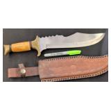 Engraved Knife with Brass Guard and Leather Sheath